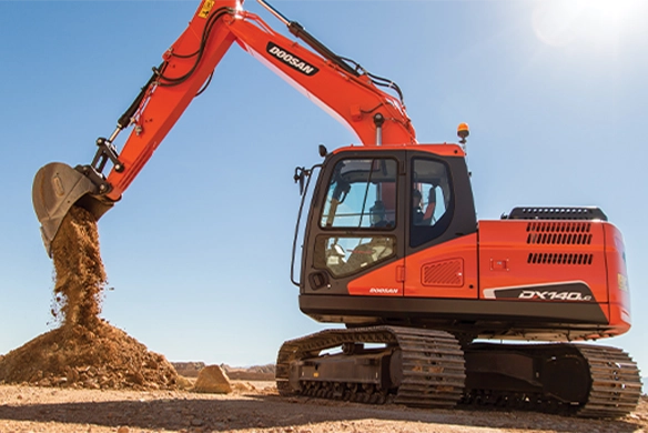 Doosan DX140LC-5 crawler excavator dumping dirt at a jobsite, built for powerful and efficient excavation work.