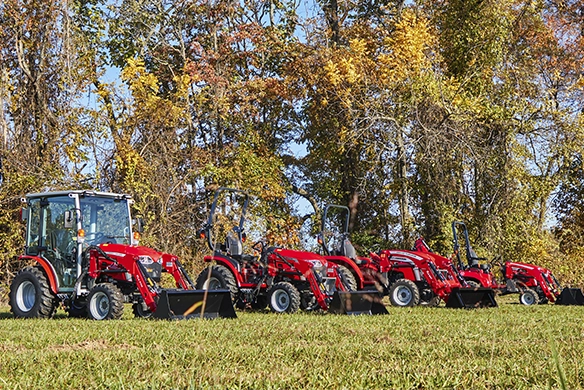 Lineup of red Massey Ferguson compact tractors displayed in a field with autumn trees in the background.